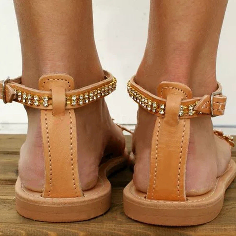 Women's rhinestone flat sandals with large size, word buckle strap design, by LadyShow Store, featuring fashionable strap details.
