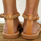 Women's rhinestone flat sandals with large size, word buckle strap design, by LadyShow Store, featuring fashionable strap details.