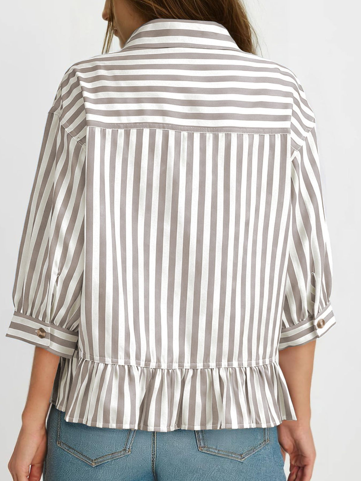 Women’s striped button-down blouse by Plush Fashion Hub, lightweight viscose with a ruffled hem, casual and stylish for everyday wear.