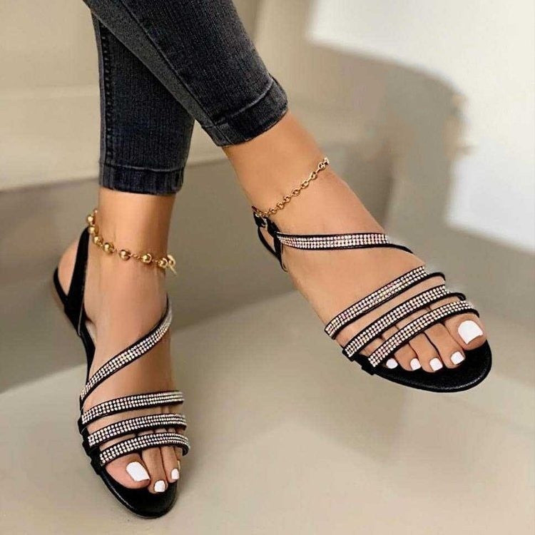 LadyShow.Store women's low top fashion sandals with round toe, solid color, fish mouth design, rhinestones, and breathable flat soles.