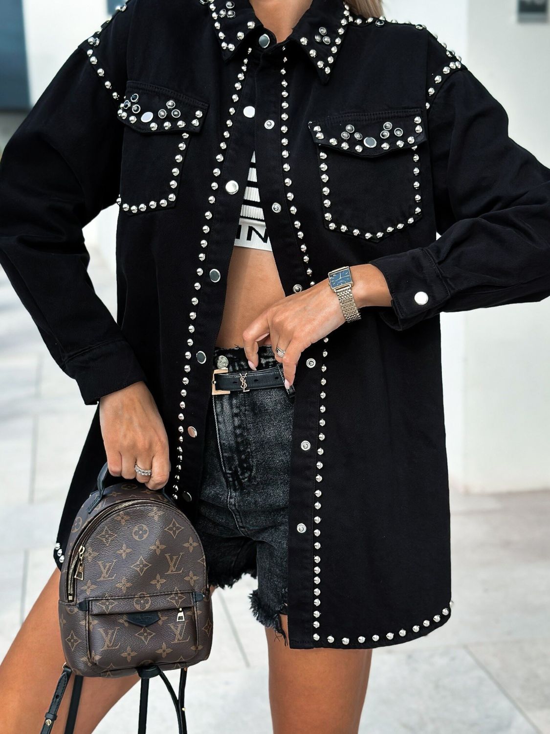 Long sleeve denim shacket with studded snap buttons by Plush Fashion Hub, featuring a casual, stylish design.