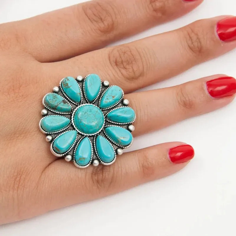 Artificial turquoise alloy flower ring with intricate design, stylish jewelry piece perfect for fashion accessories.