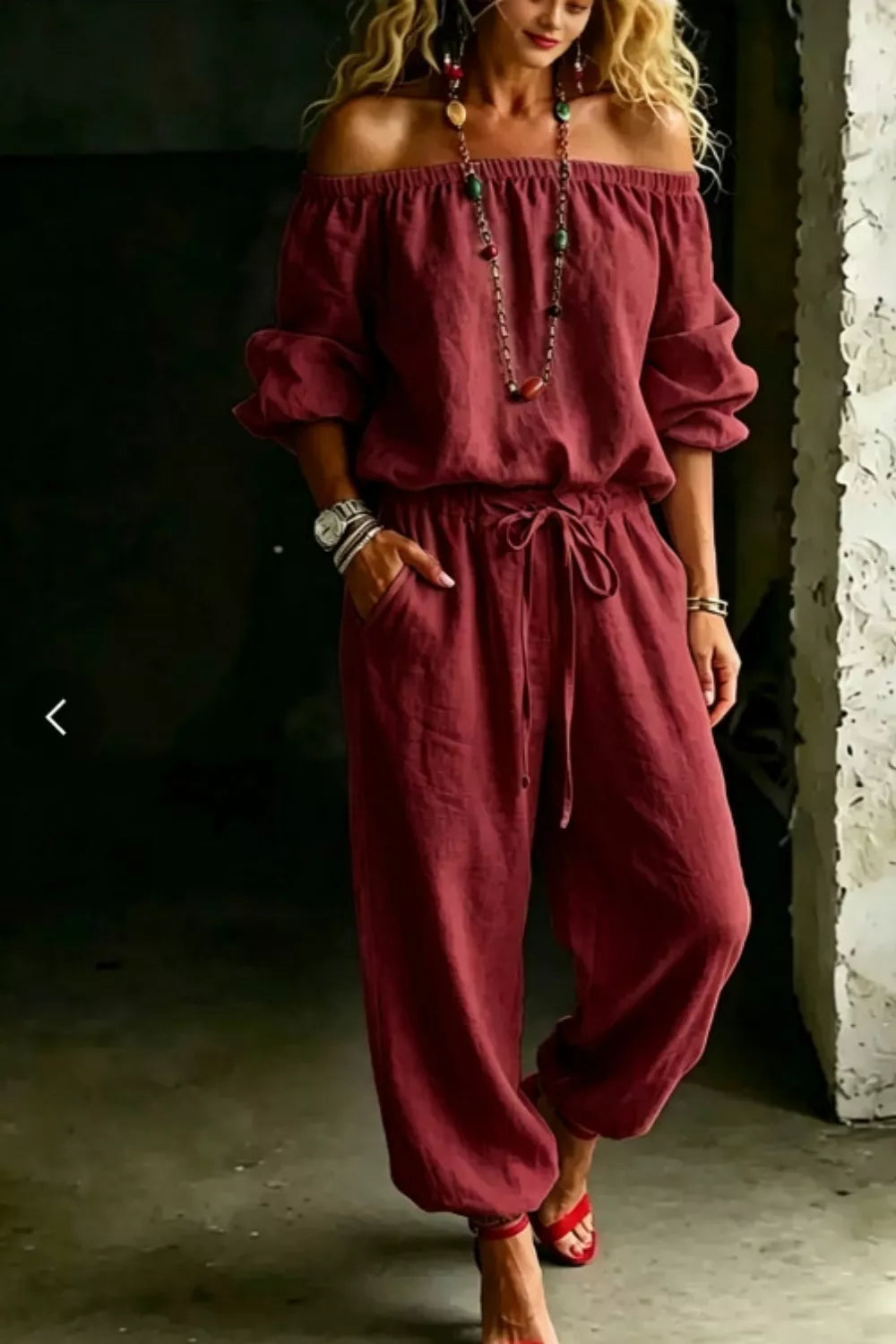 Plus size off-shoulder top and pants set by Trendsi, featuring a stylish, coordinated full-size pants outfit with trendy design.