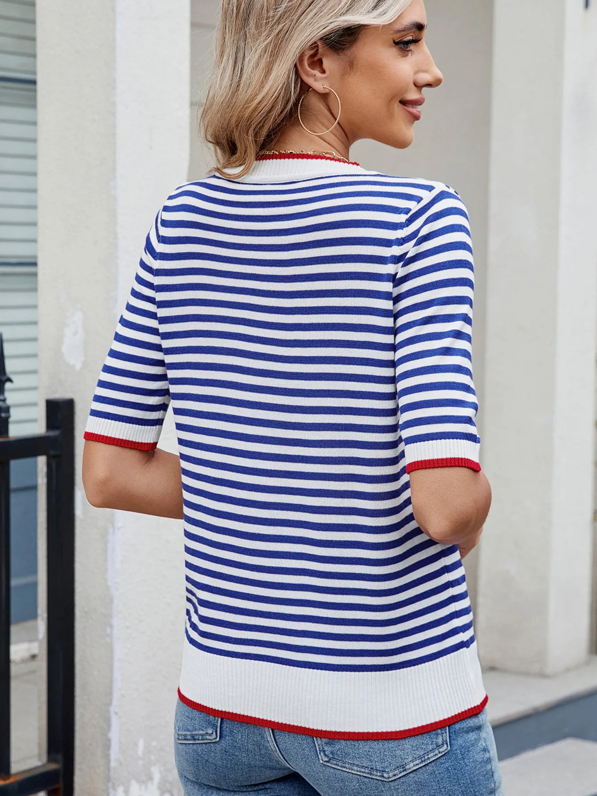 Striped casual T-shirt with contrast trim from Plush Fashion Hub, featuring a comfortable fit and stylish design.