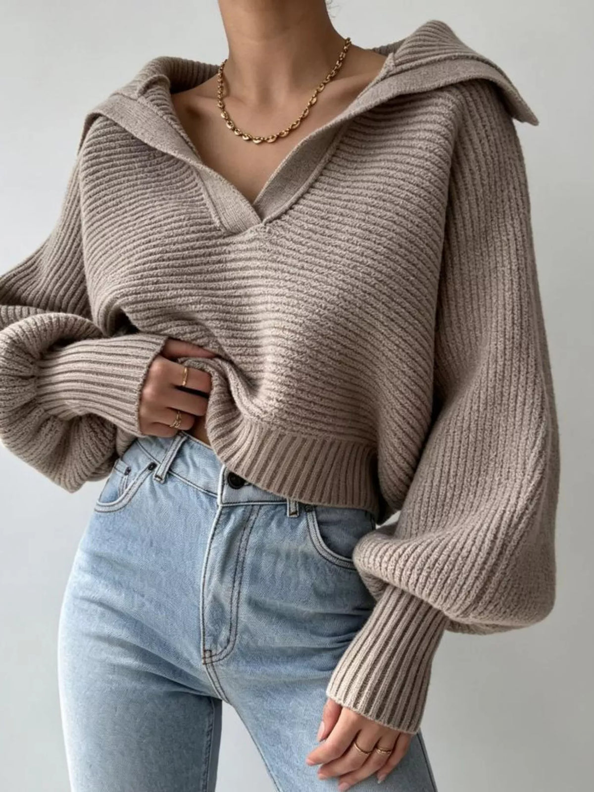 Trendsi women's ribbed cropped sweater with oversized collar, soft knit fabric, and stylish design, suitable for casual wear.