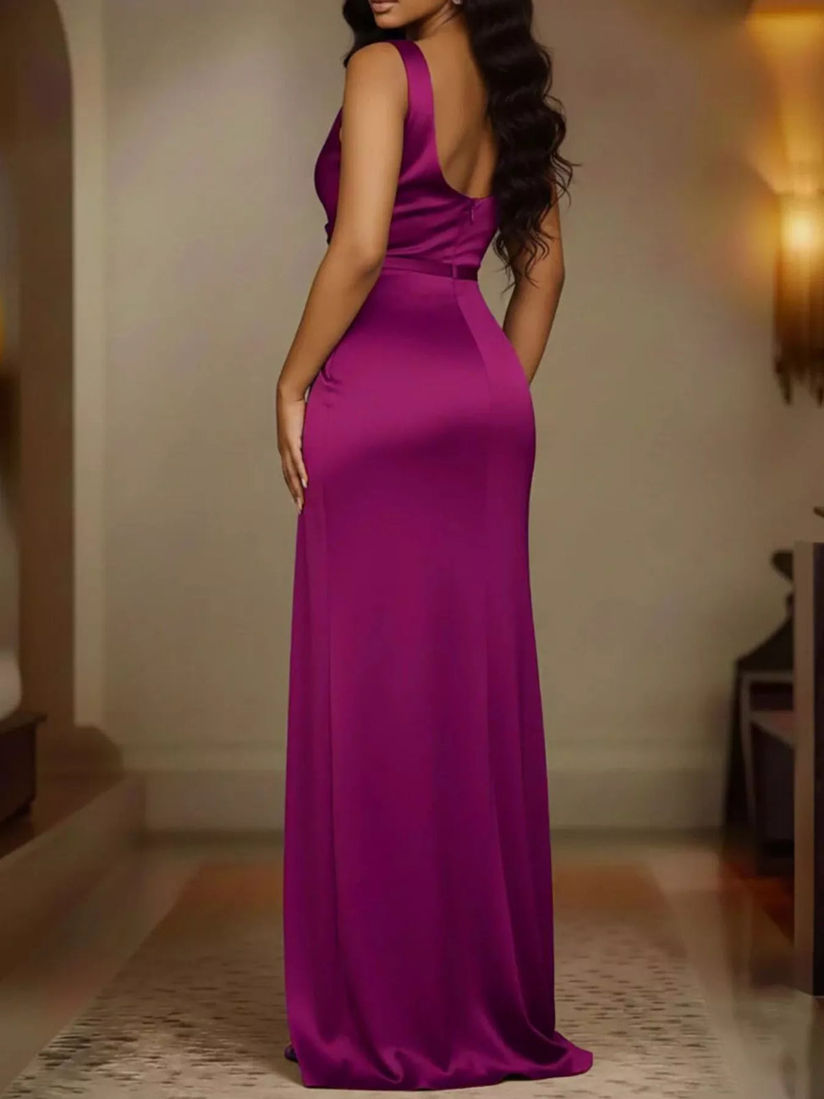 Full size satin cowl neck maxi dress with high slit, plus size, featuring a flowing silhouette and elegant design from Trendsi.
