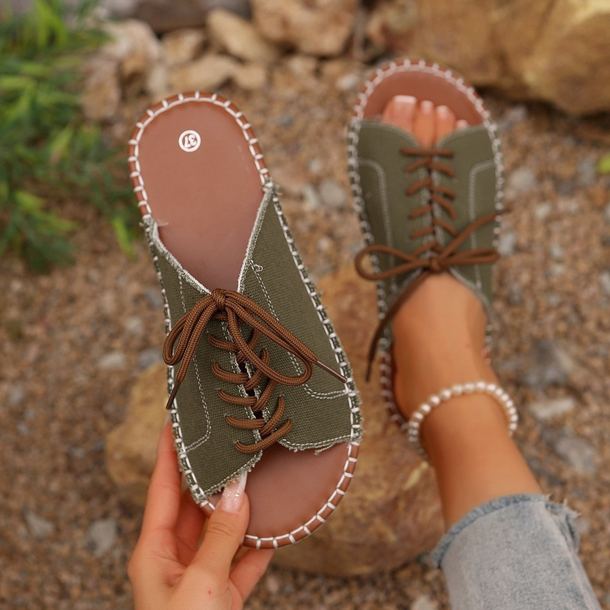 Women’s faux leather lace-up open toe flat sandals by Plush Fashion Hub, showcasing stylish straps and open-toe design.