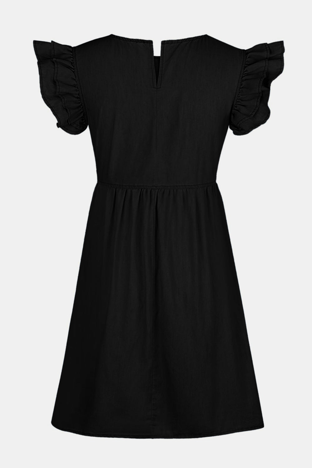 Full size ruffled round neck cap sleeve denim dress by Plush Fashion Hub, showcasing its ruffled neckline and stylish denim fabric.