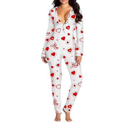 Women Jumpsuit Long Sleeve V Neck Button Closure Letters Heart Print LThe beautiful heart print and V-neck design make it a perfect choice for festive occasions. The long sleeve and button closure add a touch of comfort and conveniencePajamasPlush Fashions ShopPlush Fashion Shop