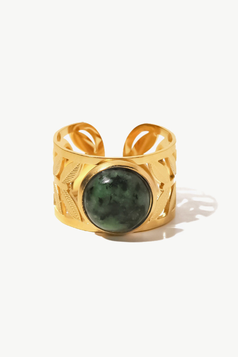 18k gold plated malachite leaf ring with detailed green stone design, showcasing natural leaf pattern and elegant craftsmanship.
