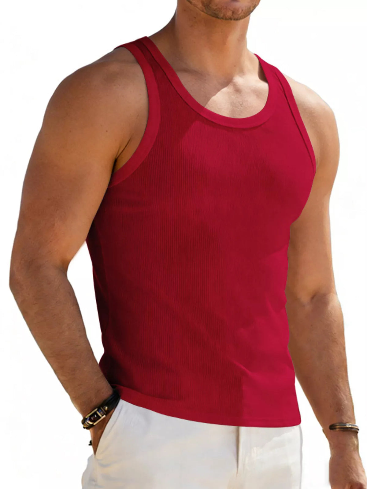 Plus size men's round neck tank top from Plush Fashion Hub, full-sized sleeveless tank top, front view highlighting fit and fabric.