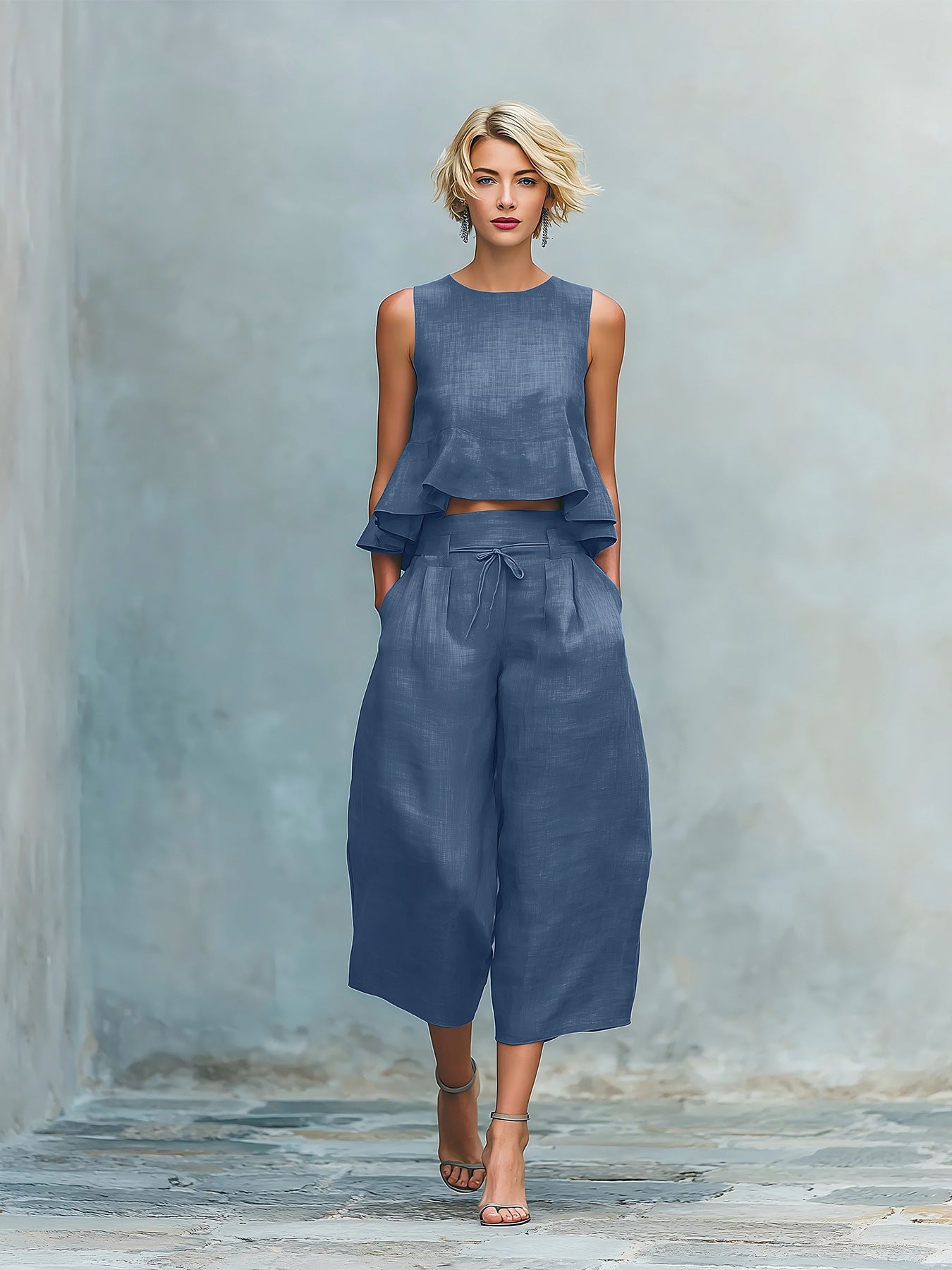 Women's linen-blend sleeveless two-piece set with ruffled detailing, featuring a stylish top and matching skirt by Plush Fashion Hub.