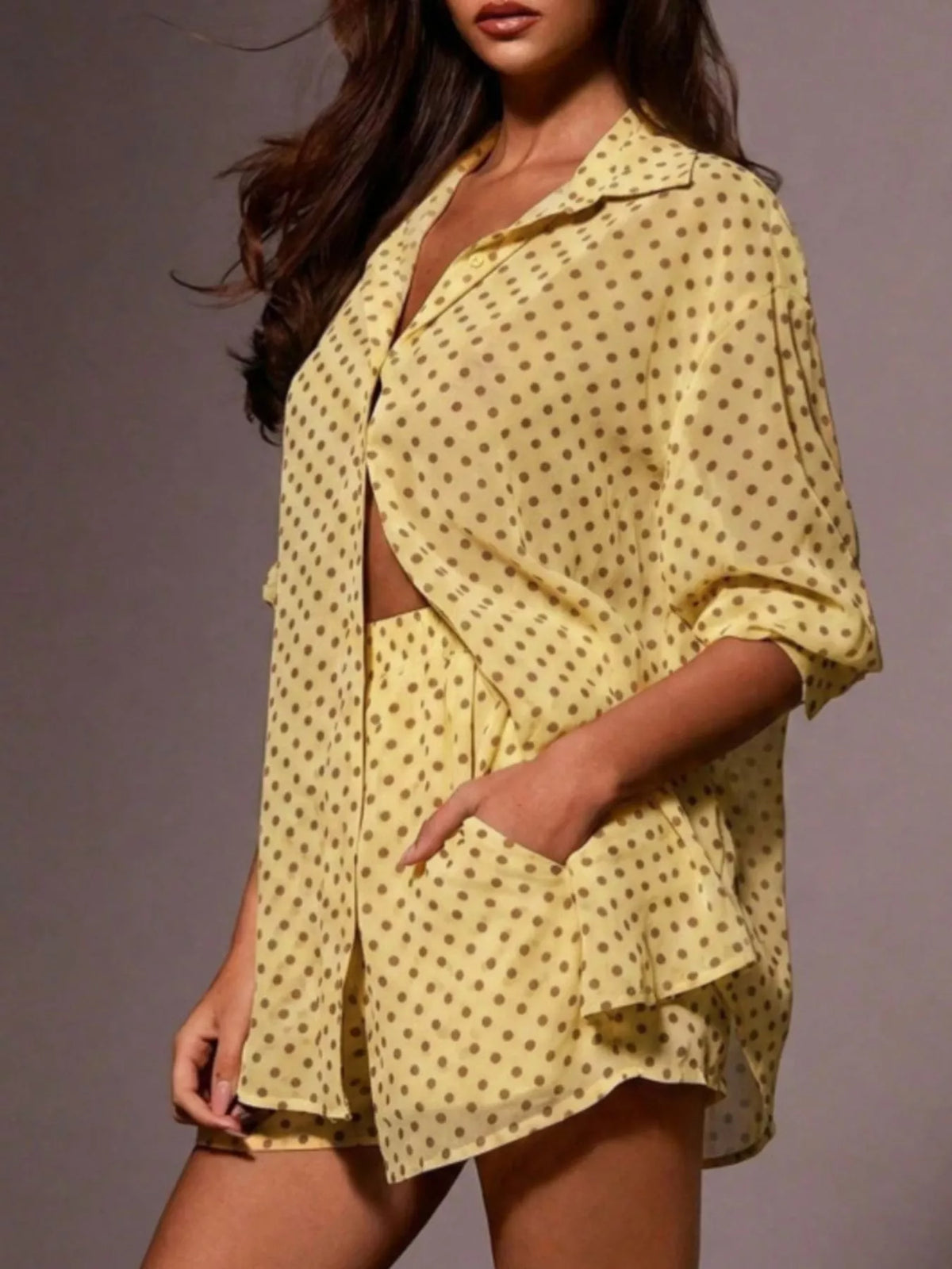 Plush Fashion Hub polka dot loungewear set with button-up shirt and matching shorts, featuring a casual, comfortable design.