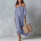 Women's striped loose-fit flared maxi dress by FitiqueFit, featuring a flowing design perfect for holiday and vacation wear.