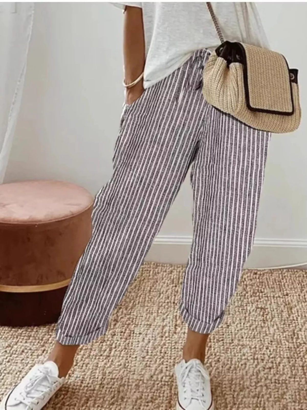 Striped cropped pants from Plush Fashion Hub featuring a stylish design and comfortable fit, shown in the product image.