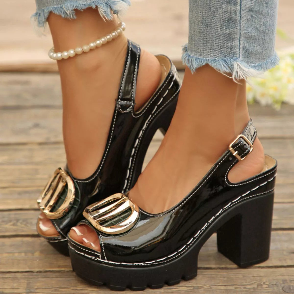 Plush Fashion Hub plush peep toe block heel sandals with stylish design and comfortable fit, perfect for fashionable occasions.