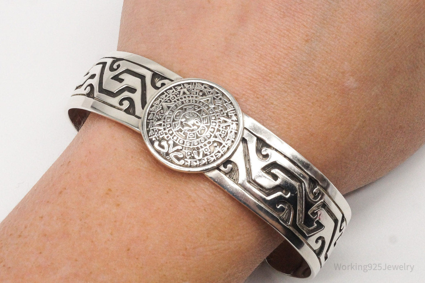 Vintage Escorcia Mexico Mayan Calendar Sterling Silver Cuff Bracelet Working 925 Jewelry