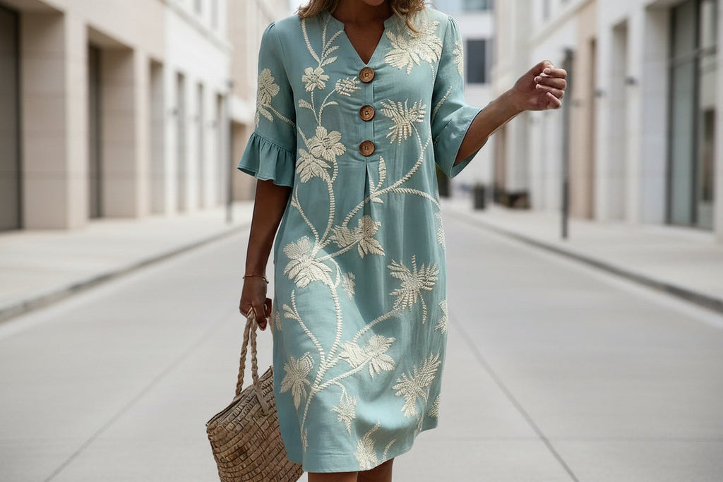 Women's casual FitiqueFit resort v-neck dress with coconut print, loose fit, three-quarter sleeves, perfect for summer or vacation.
