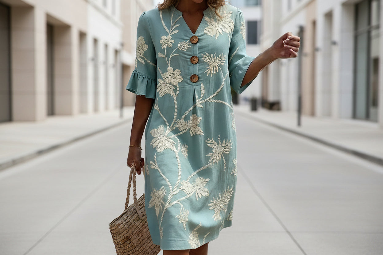 Women's casual FitiqueFit resort v-neck dress with coconut print, loose fit, three-quarter sleeves, perfect for summer or vacation.