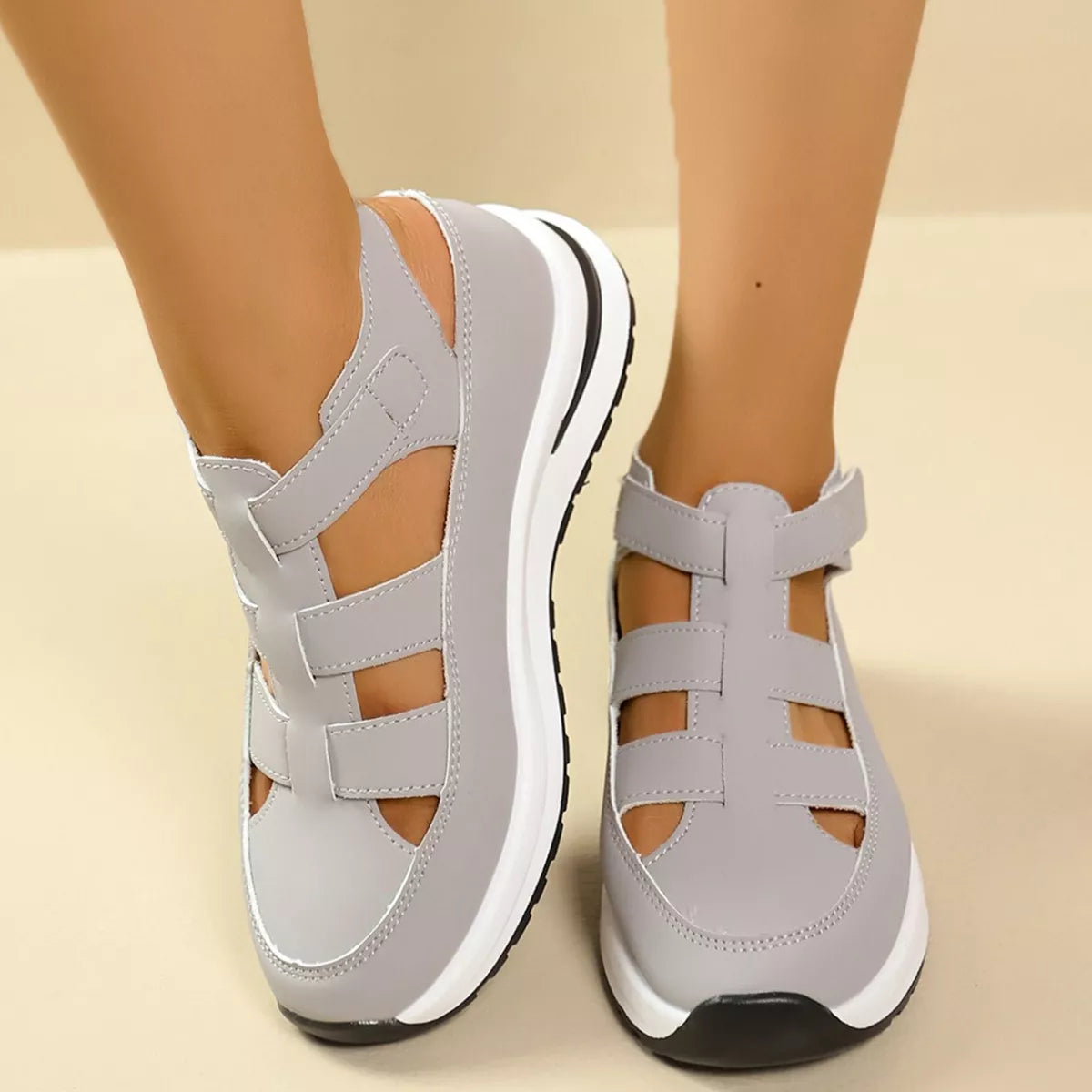Plush Fashion Hub cutout round toe platform sandals with ankle straps and chunky heels, stylish footwear for casual or dressy occasions.