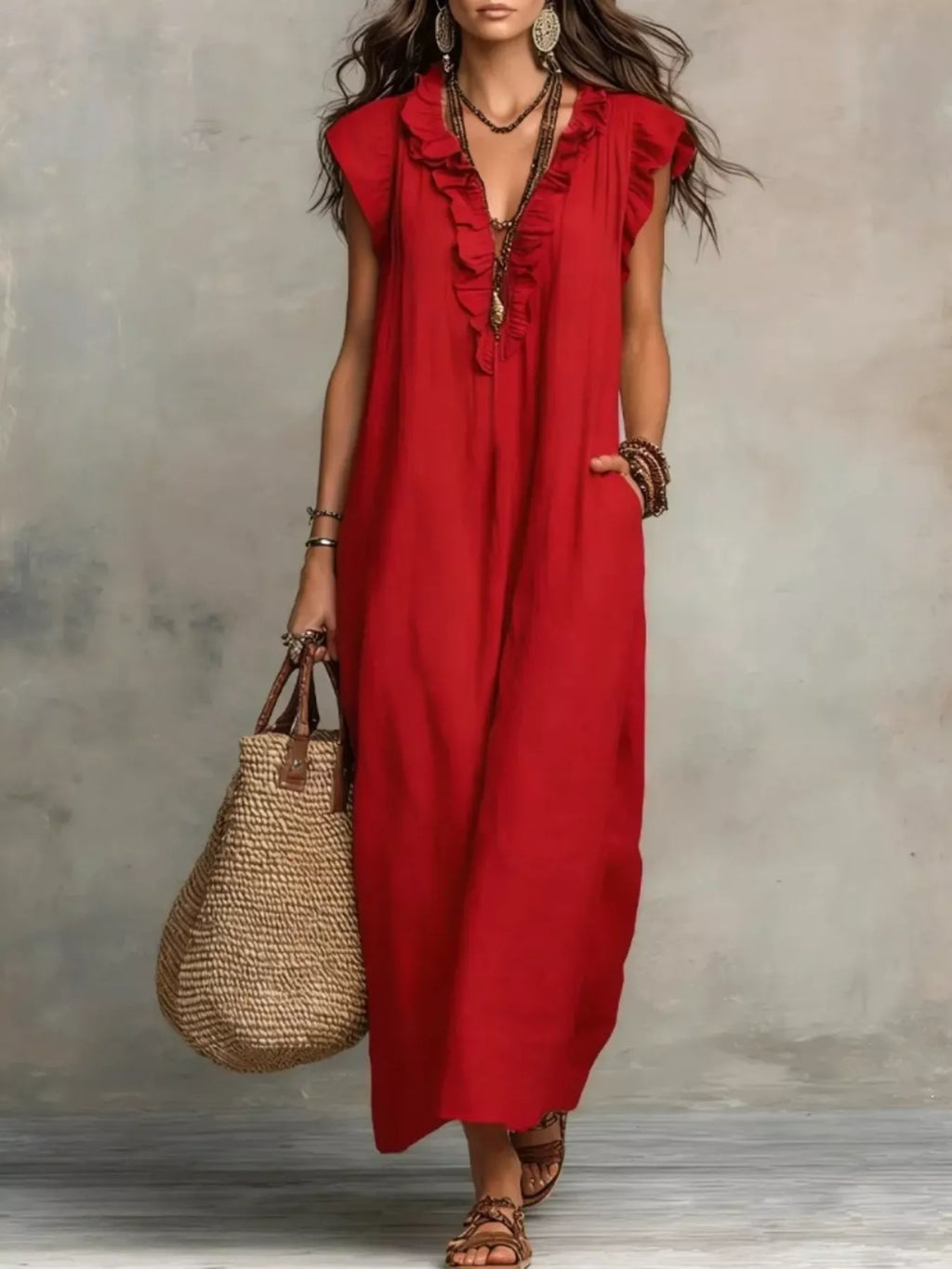 Plush Fashion Hub ruffled v-neck maxi dress in flowing fabric with layered details, perfect for elegant summer occasions.