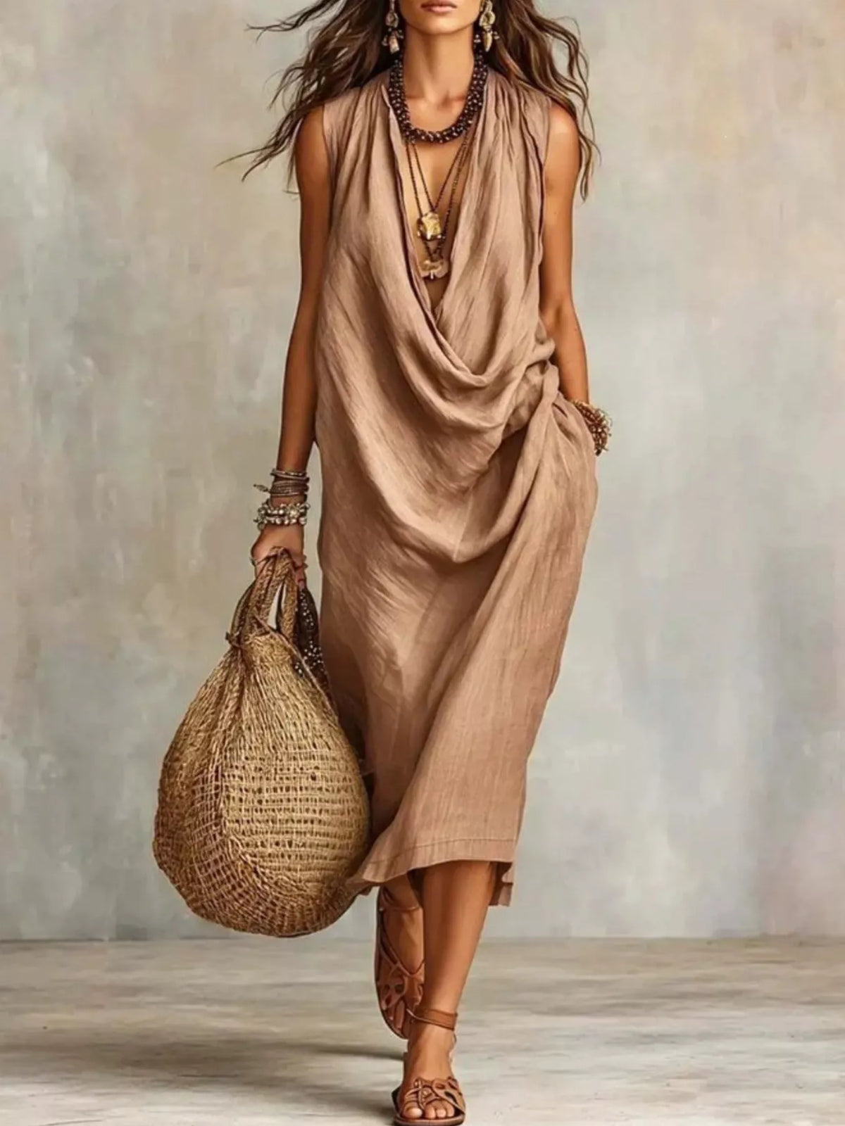 Plus size sleeveless cowl neck midi dress by Trendsi, showcasing a stylish full-length dress with a flowing silhouette and elegant neckline.