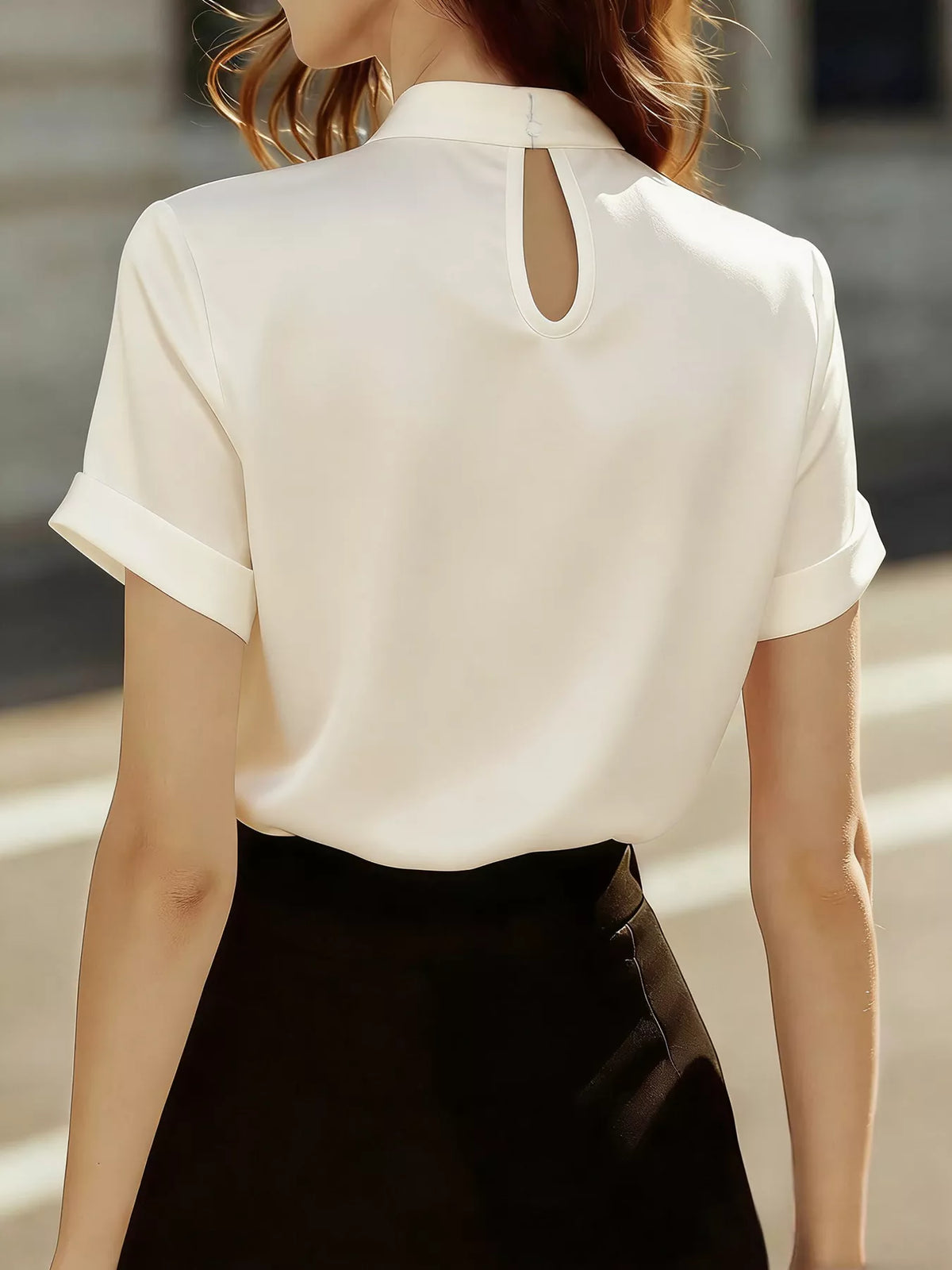 Plush Fashion Hub satin keyhole short sleeve blouse with a stylish fit and smooth fabric, perfect for casual and dressy occasions.