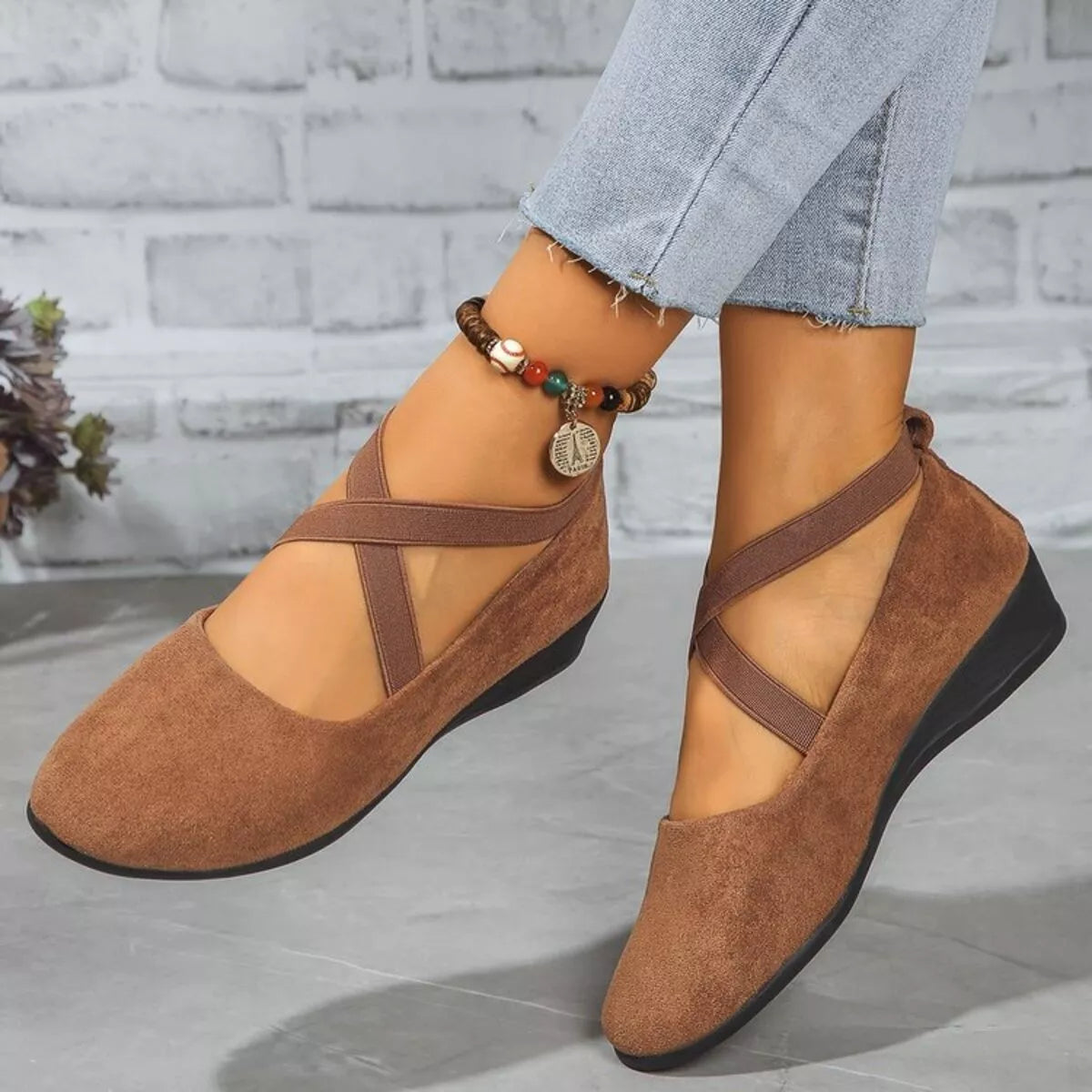 Trendsi round toe wedge loafers in beige leather with low block heel and classic slip-on design, perfect for casual or office wear.