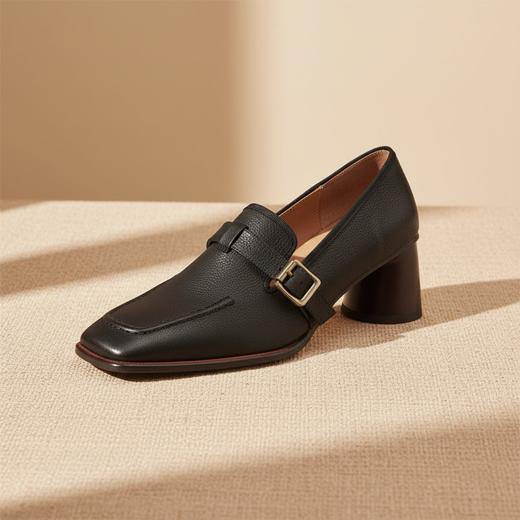 Women's retro British style chunky heel leather shoes with round toe, ideal for commuting, by Plush Fashion Hub.