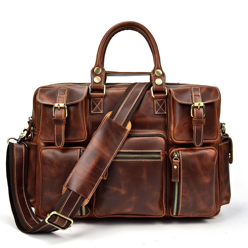 Pi-Mart men's leather shoulder bag and briefcase with laptop compartment, crafted from durable horse leather for professional use.