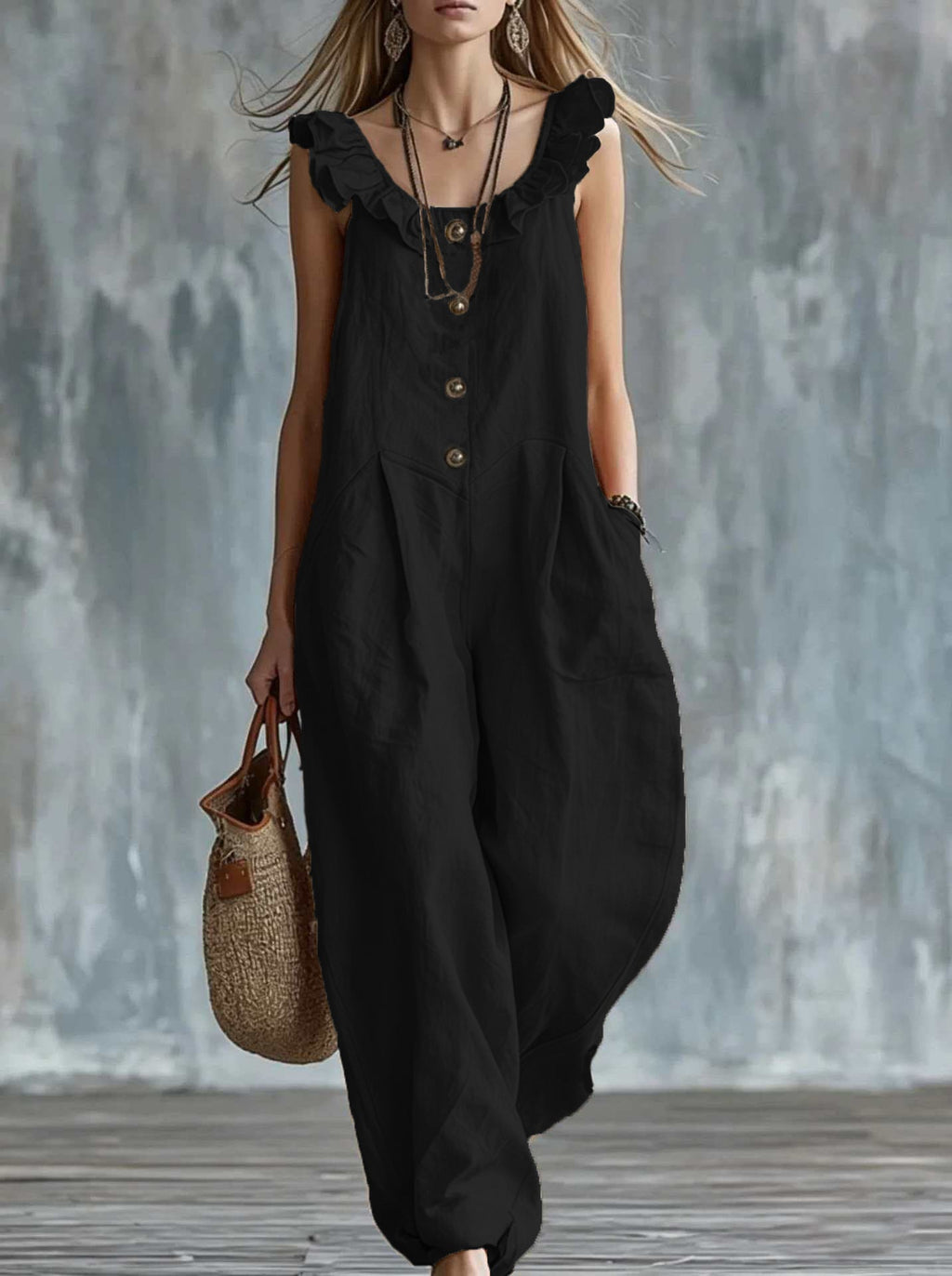 Women's sleeveless button-down tank jumpsuit by FitiqueFit, casualwear with a fitted waist and relaxed pant legs, shown on a model.