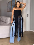 Trendsi fringe trim tube top with ring accents, featuring a stylish sleeveless design and decorative fringe detailing.