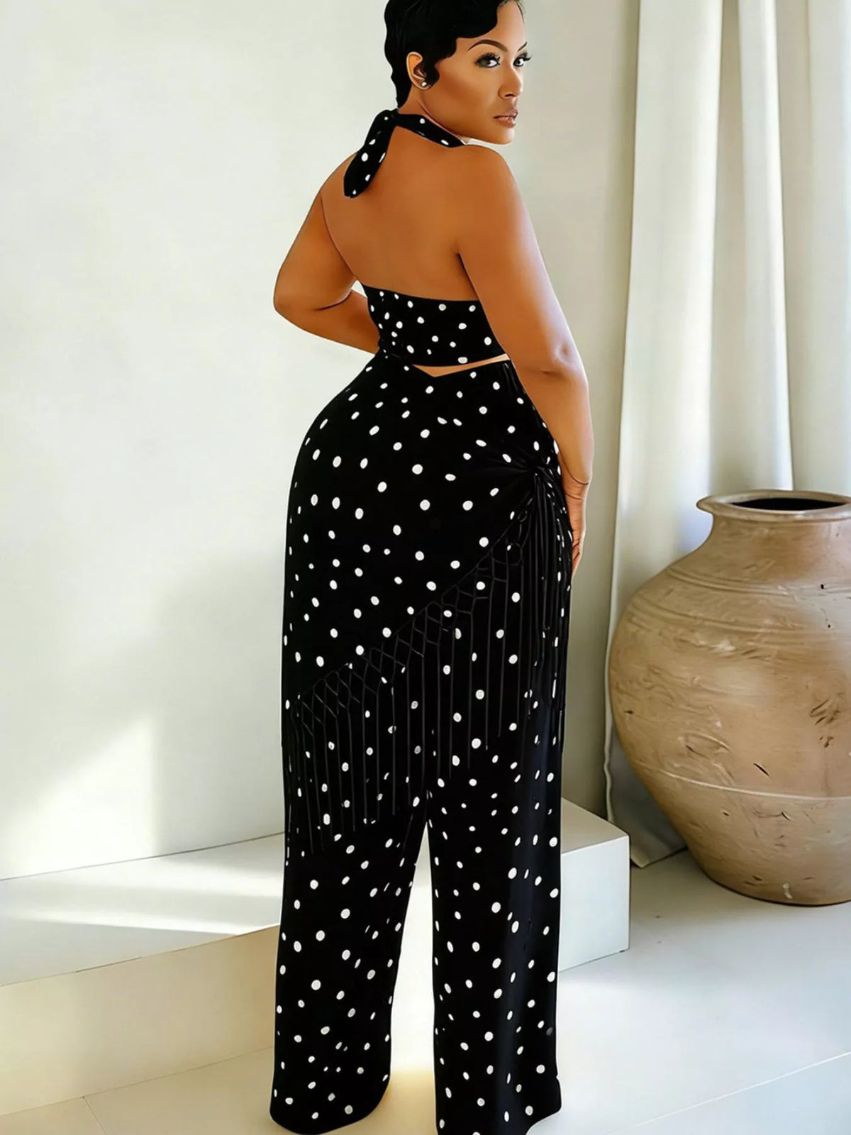 Polka dot halter neck cami and fringe trim pants set by Plush Fashion Hub, featuring rings, stylish and coordinated outfit details.