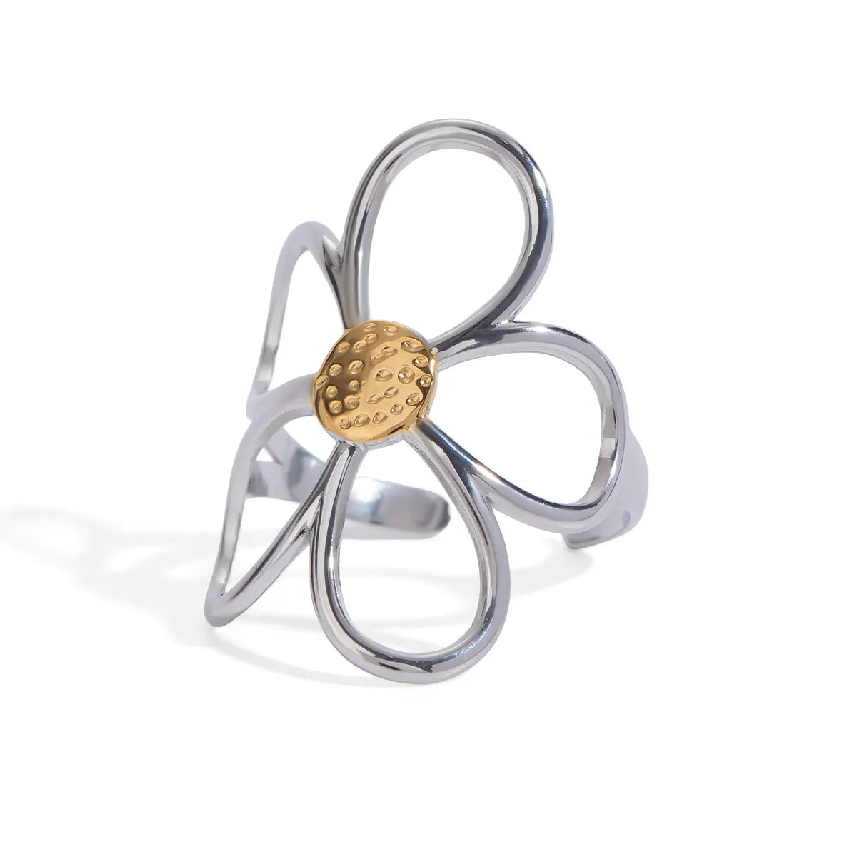 Two-tone daisy flower ring by Plush Fashion Hub featuring a delicate floral design and contrasting metal finish.