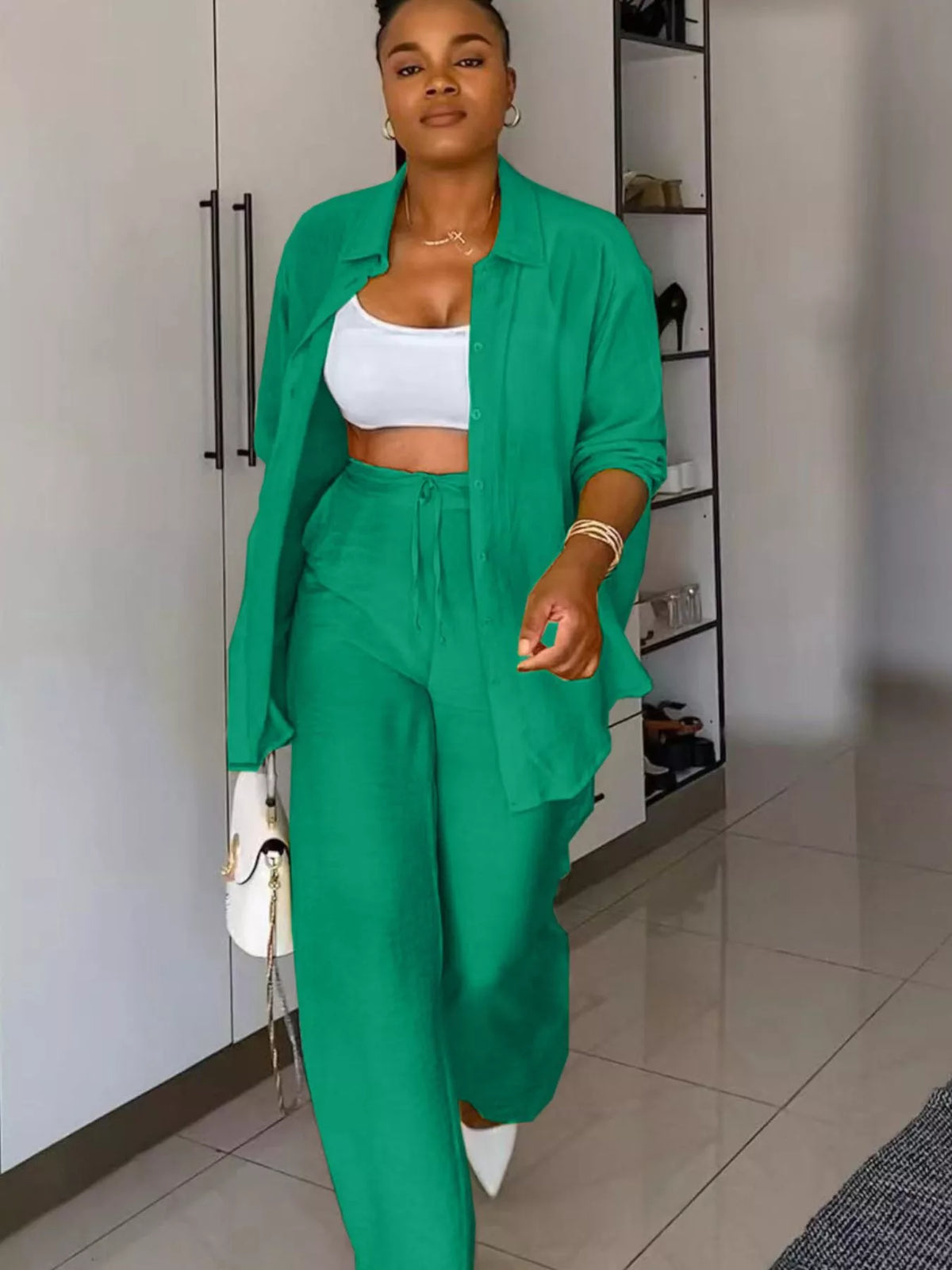 Plush Fashion Hub tie-front top and wide-leg pants set in soft fabric, shown on a model with neutral background.