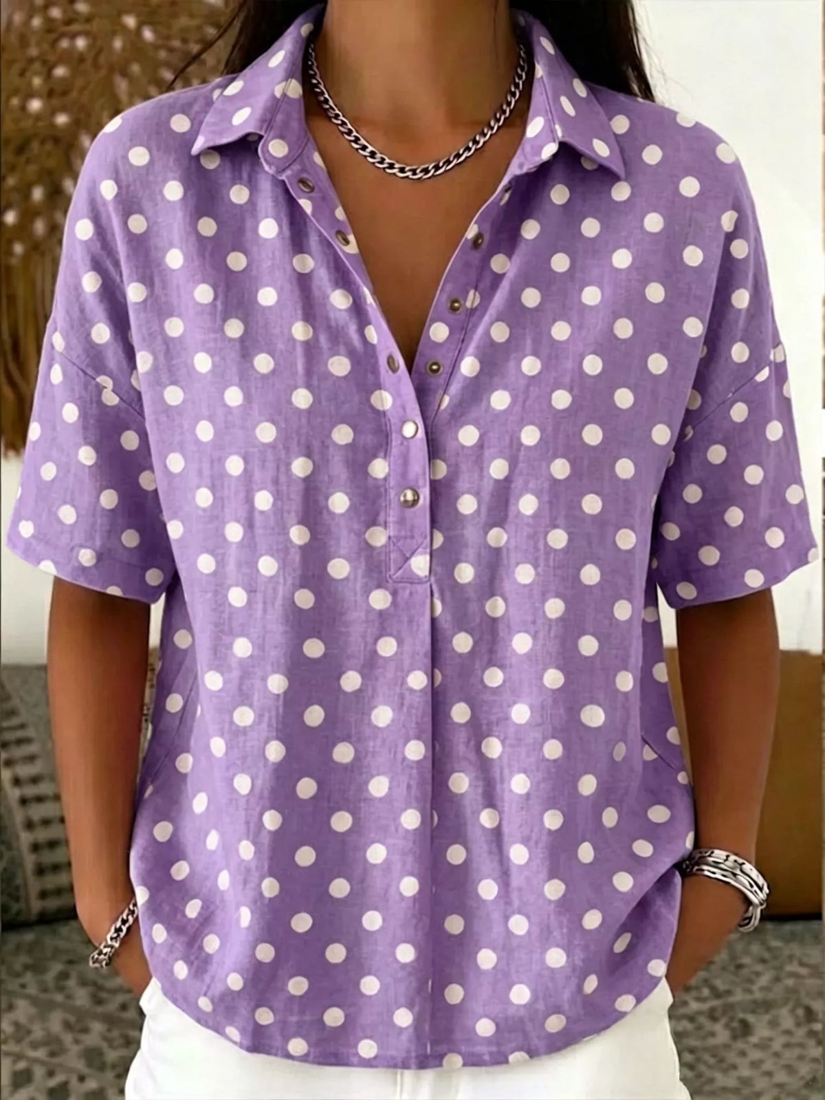 Plus size polka dot short sleeve shirt from Trendsi, featuring a stylish full-size top with a classic polka dot pattern.