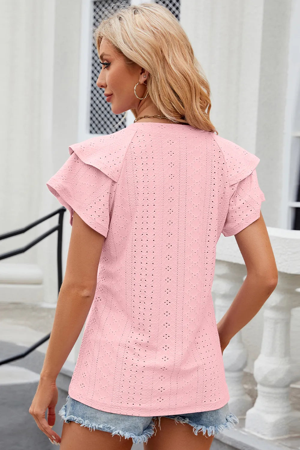 Plush Fashion Hub eyelet notched flutter sleeve T-shirt, stylish tops with eyelet details and flutter sleeves, casual and trendy.