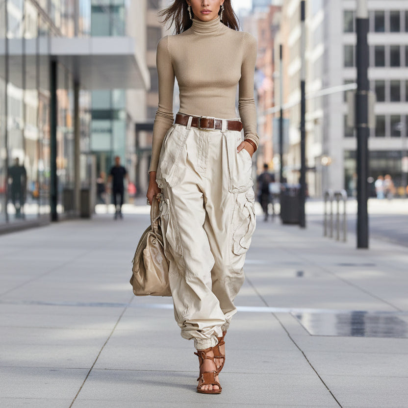 Women’s high-waist loose fit wide-leg casual trousers by FitiqueFit, shown in a relaxed, comfortable style with neutral fabric.