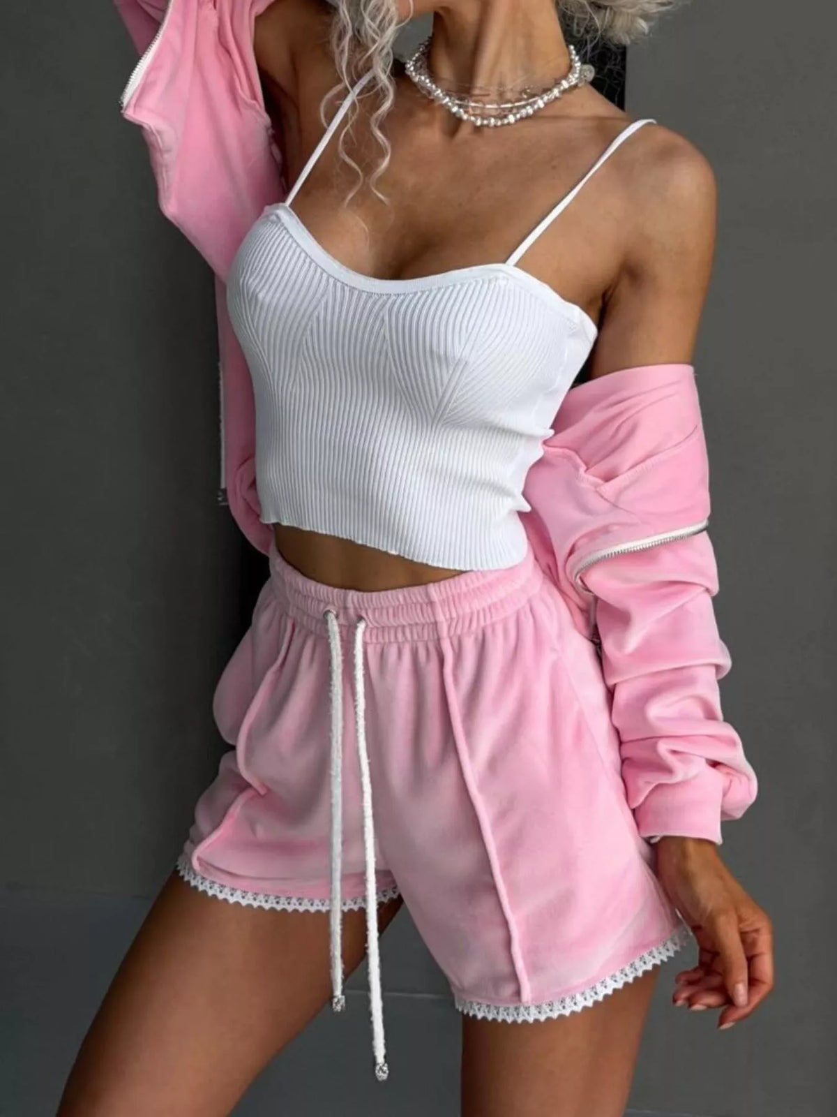 Plush Fashion Hub zip-up hooded shorts set with matching shorts, soft plush fabric, ideal for casual or lounge wear.