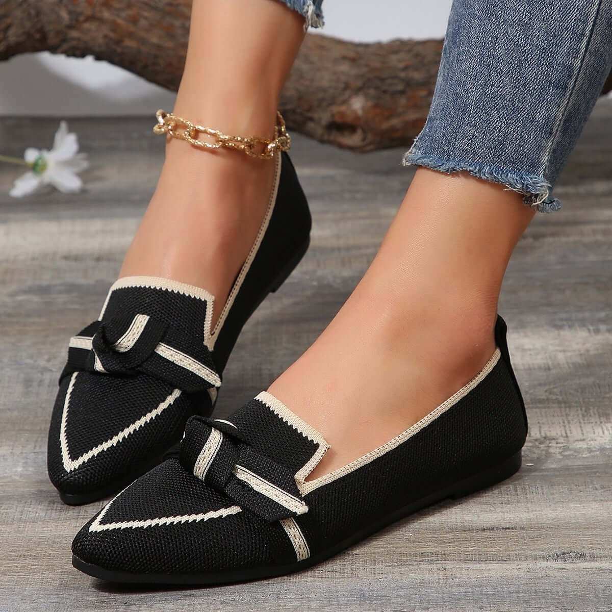 Bow Contrast Trim Point Toe Loafers with high-quality polyester and stylish design.