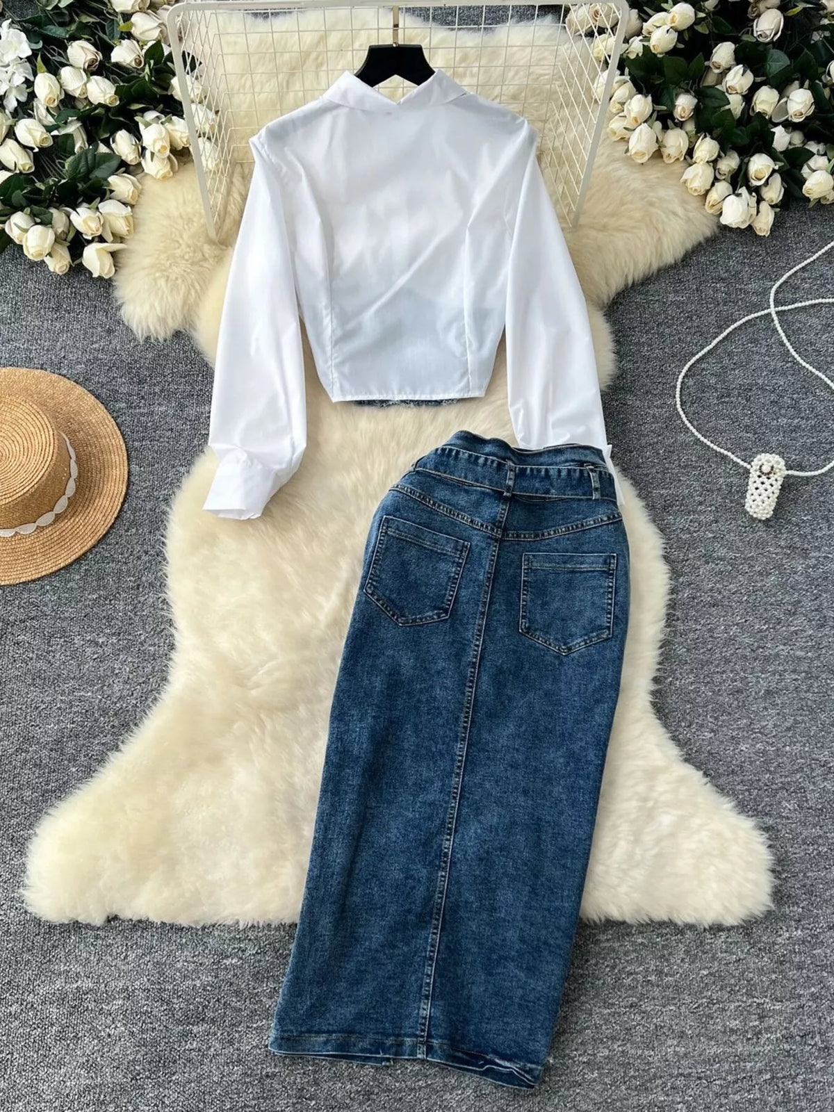 Frayed denim patchwork top with slit maxi skirt set by Plush Fashion Hub, featuring distressed details and casual, stylish design.