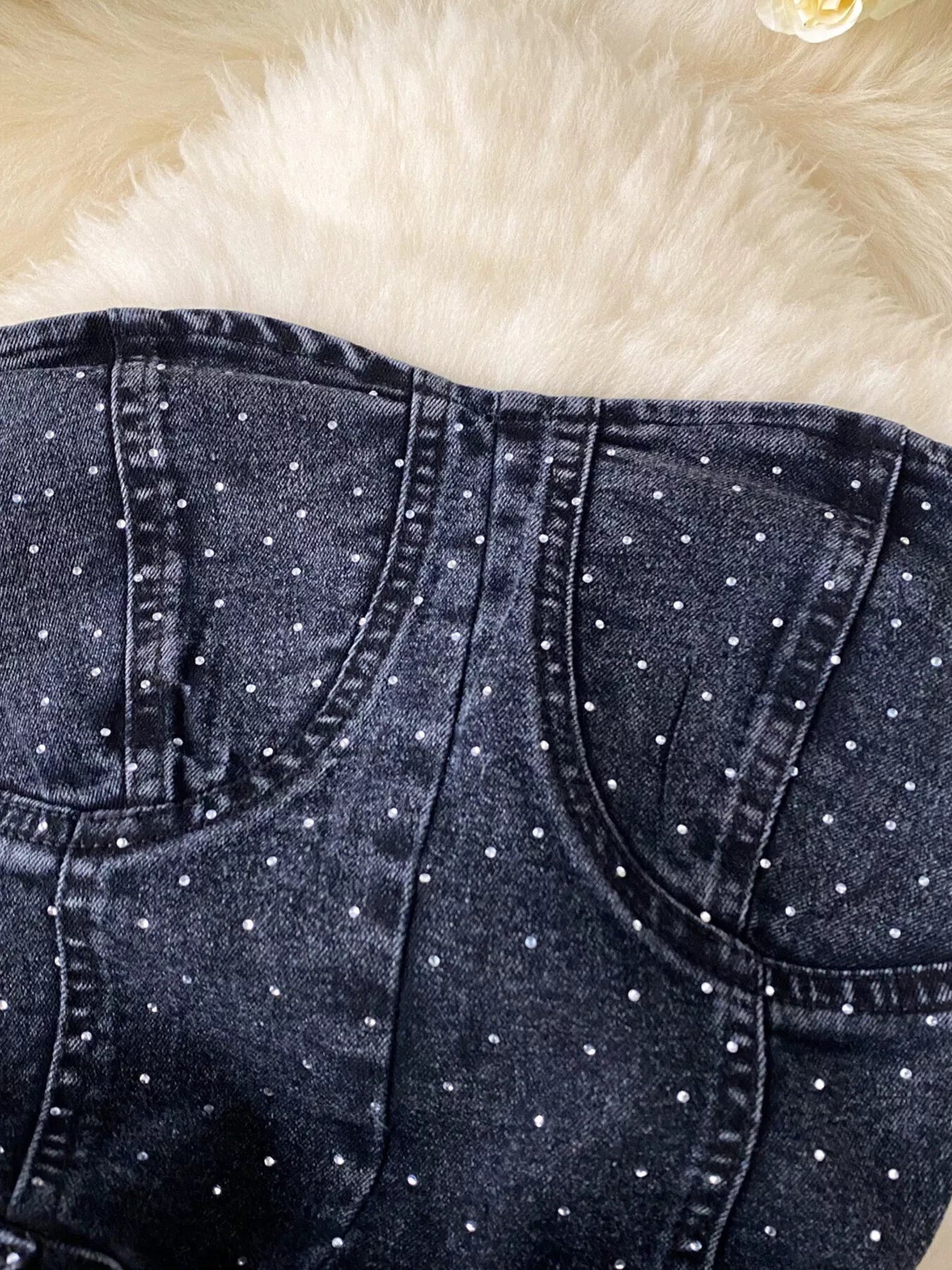 Plush Fashion Hub strapless denim romper with pockets, full-body suit, featuring a casual, stylish denim design and fitted silhouette.
