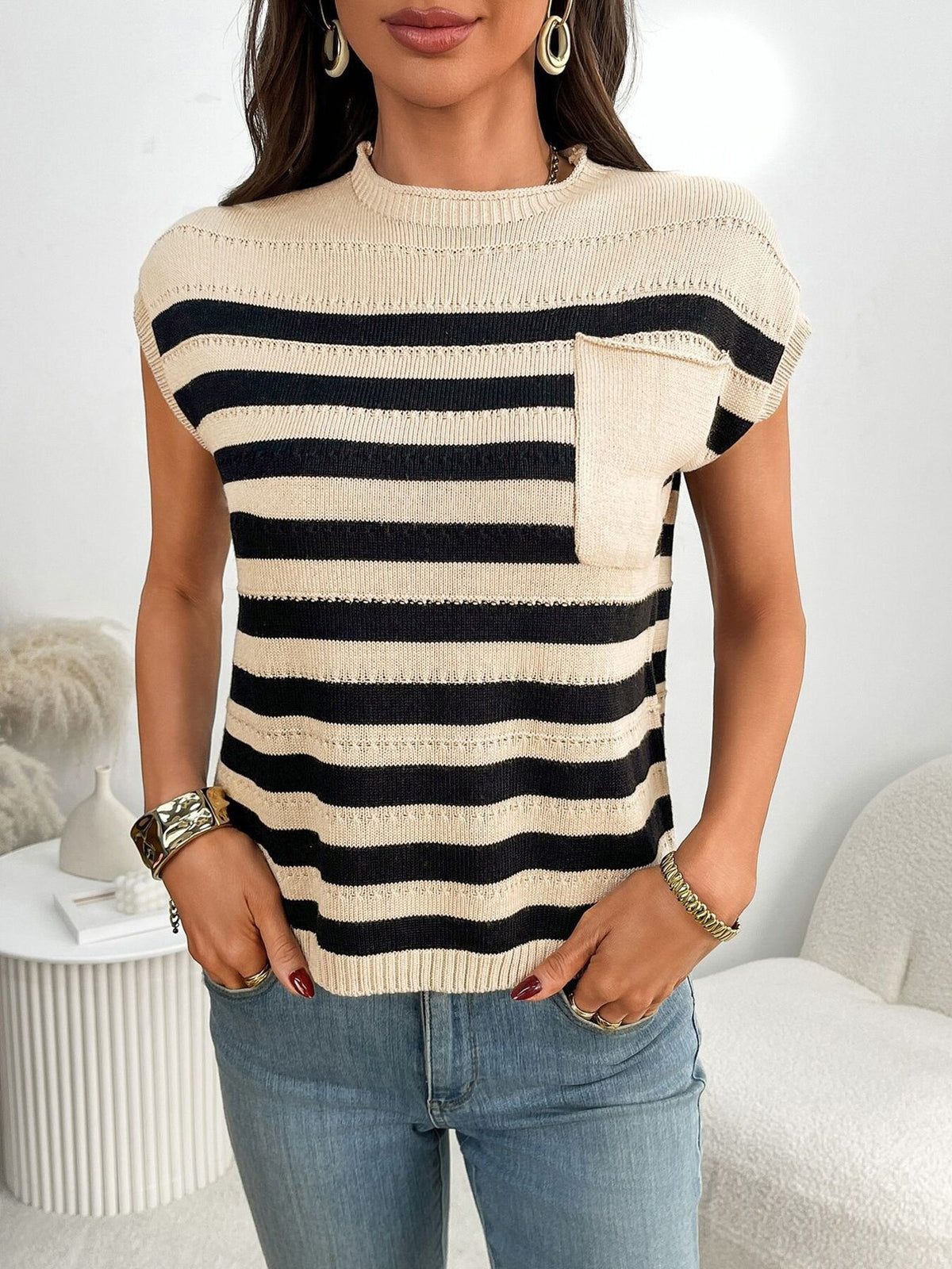 Women’s striped knit cap sleeve sweater with pocket detail, plush fashion hub outerwear, cozy and stylish for casual wear.