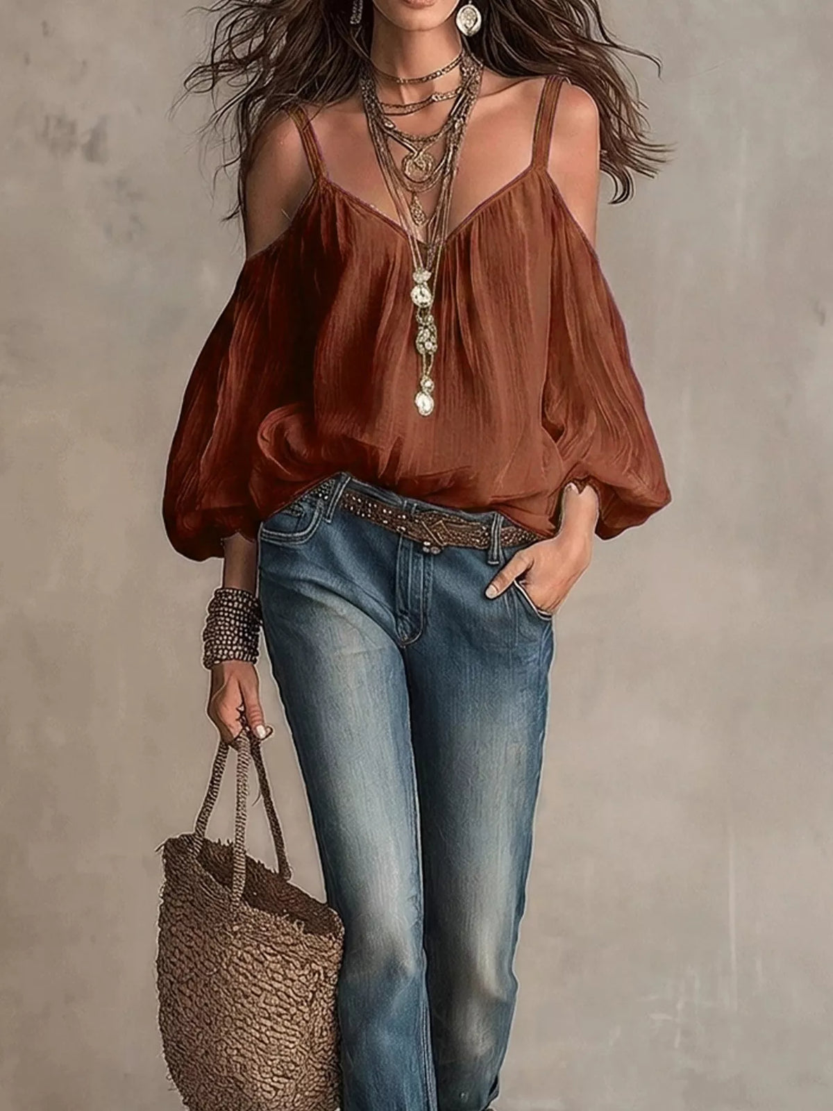 Cold shoulder balloon sleeve blouse by Plush Fashion Hub, featuring stylish cutouts and flowing fabric in a modern design.