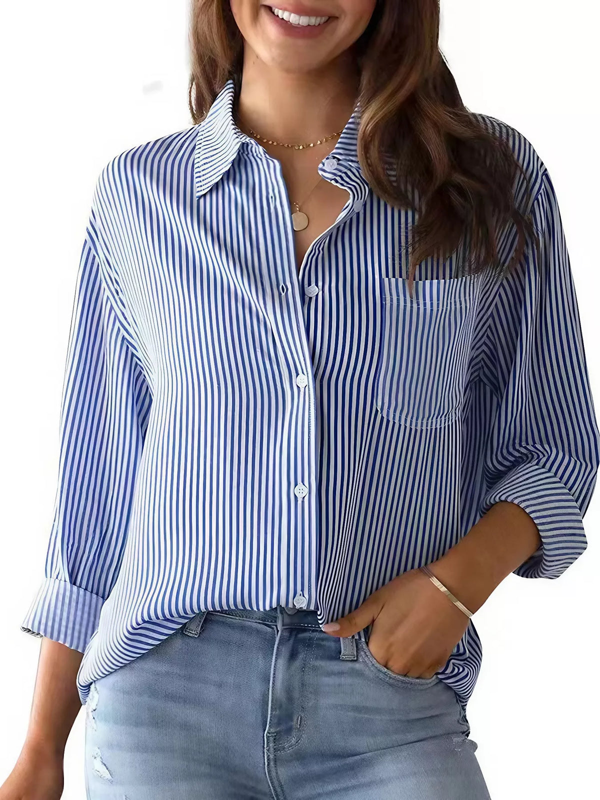 Women’s classic striped button-down shirt from Trendsi, featuring a relaxed fit and button-front design in a casual style.