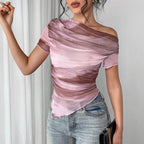 Women’s tie-dye one-shoulder mesh ruched top by FitiqueFit, casualwear stretch tee with asymmetrical design for going out.