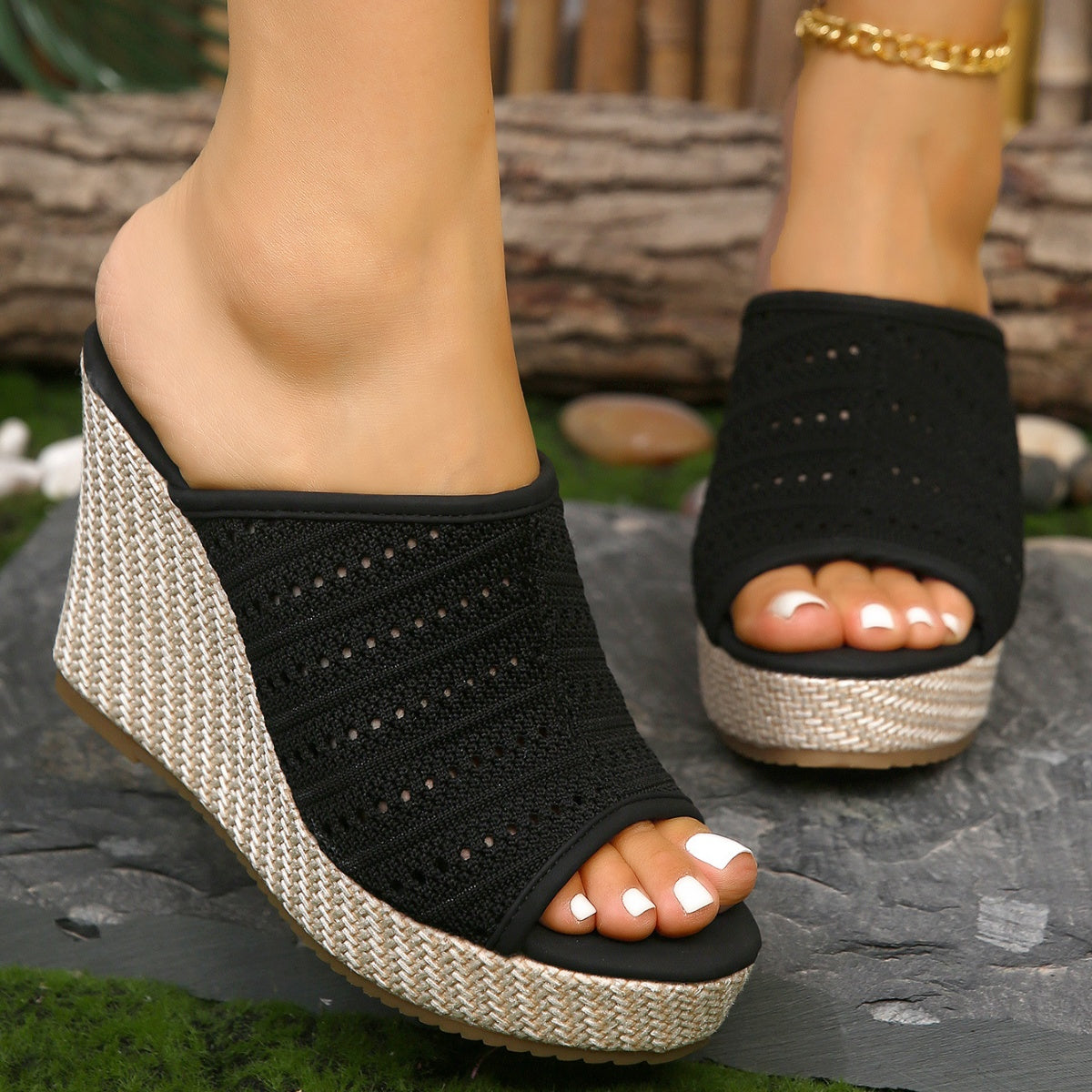 Women's mesh open-toe wedge sandals with high heels and comfort features by Plush Fashion Hub, showcasing stylish footwear design.