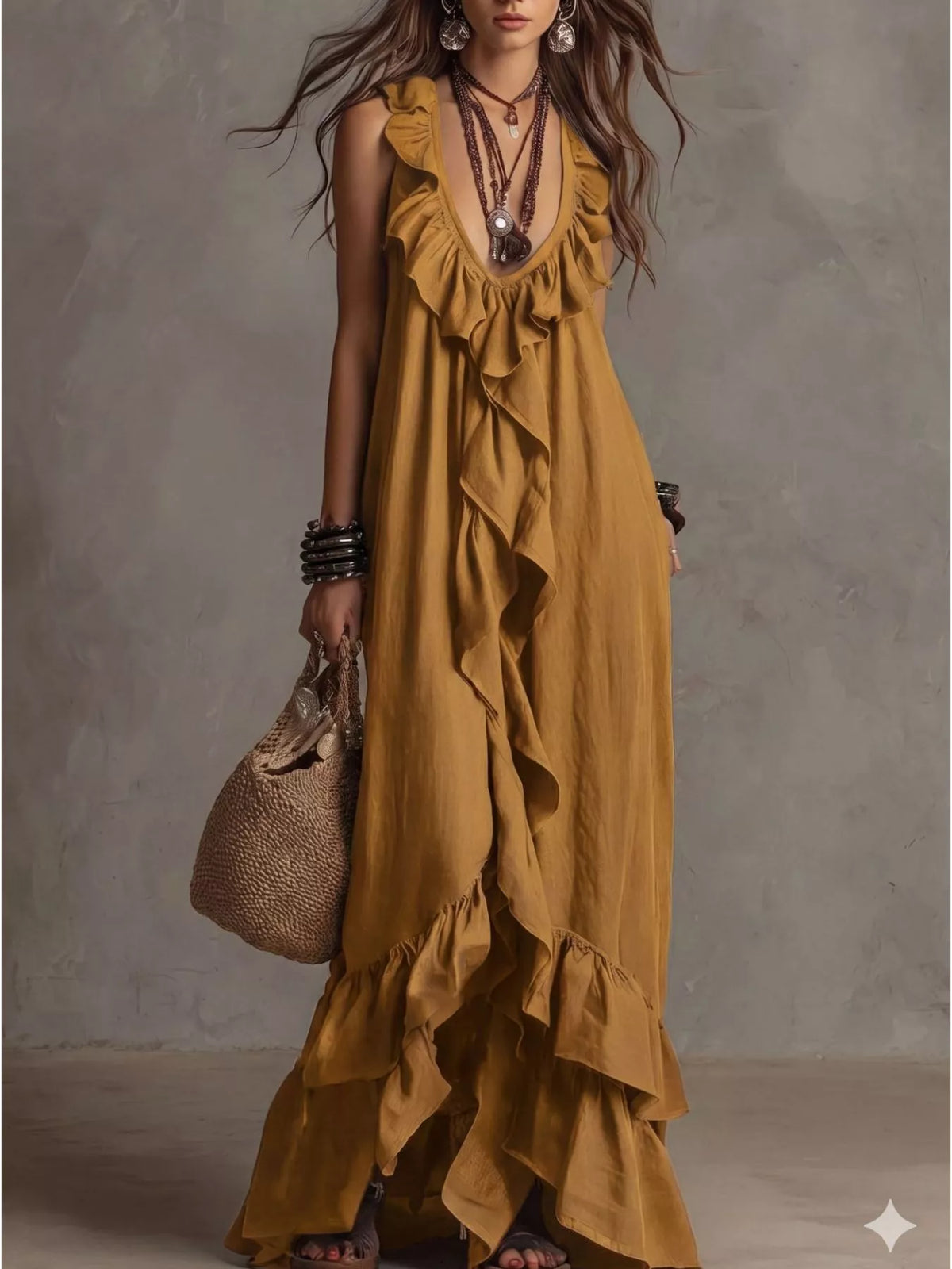 Plush Fashion Hub ruffled sleeveless maxi dress with flowing fabric and tiered skirt, perfect for summer or casual wear