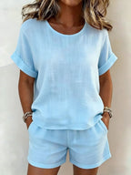 FitiqueFit solid-color cotton linen t-shirt and shorts set in four colors, casualwear with a relaxed fit and comfortable fabric.