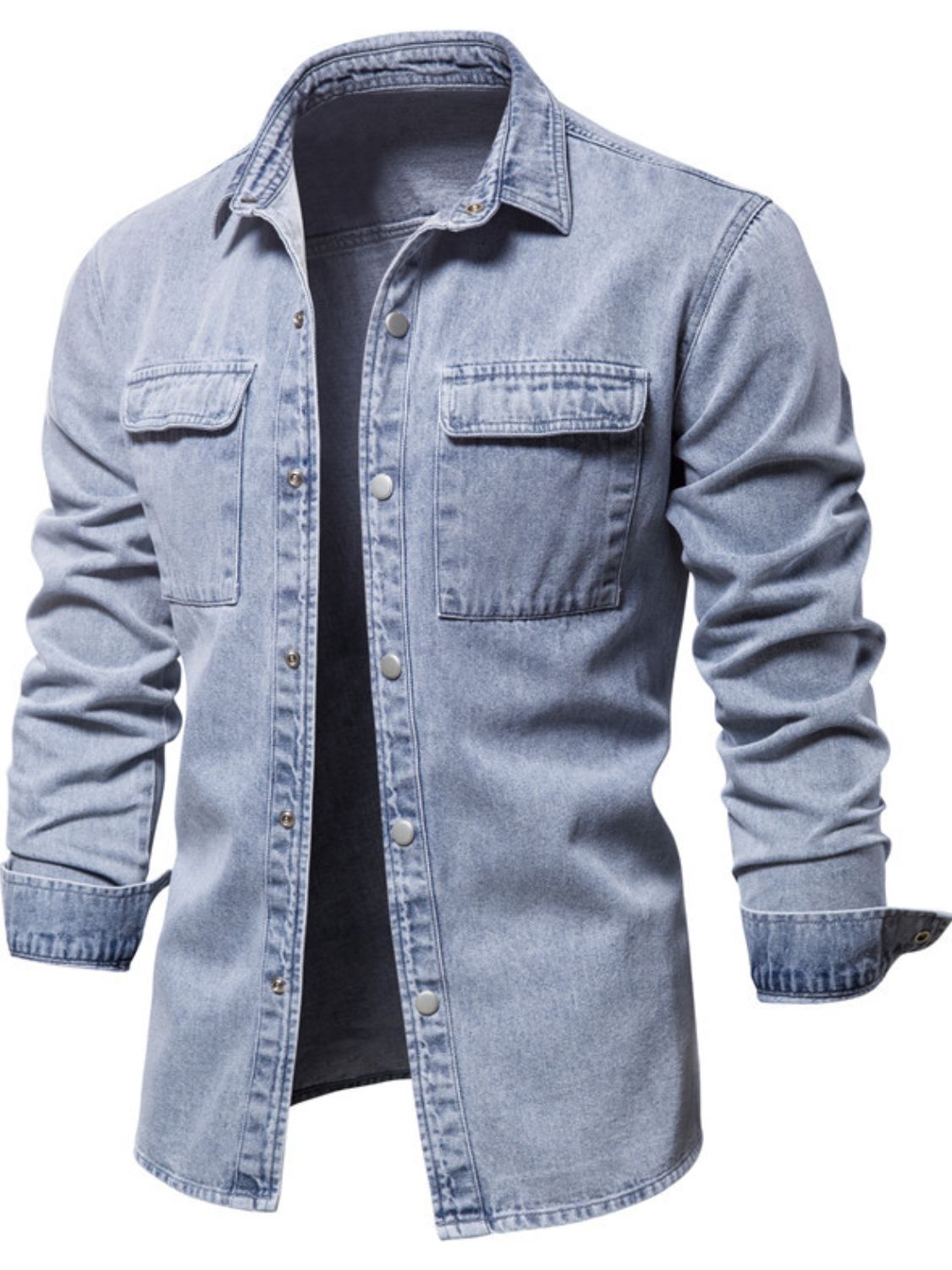 Men's denim button-down jacket with chest pocket by Plush Fashion Hub, featuring classic style and durable fabric.